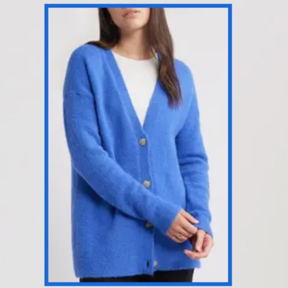 Caslon NWT Alpaca Blend V Neck Button Front Cardigan Size 1X Blue Minimalist